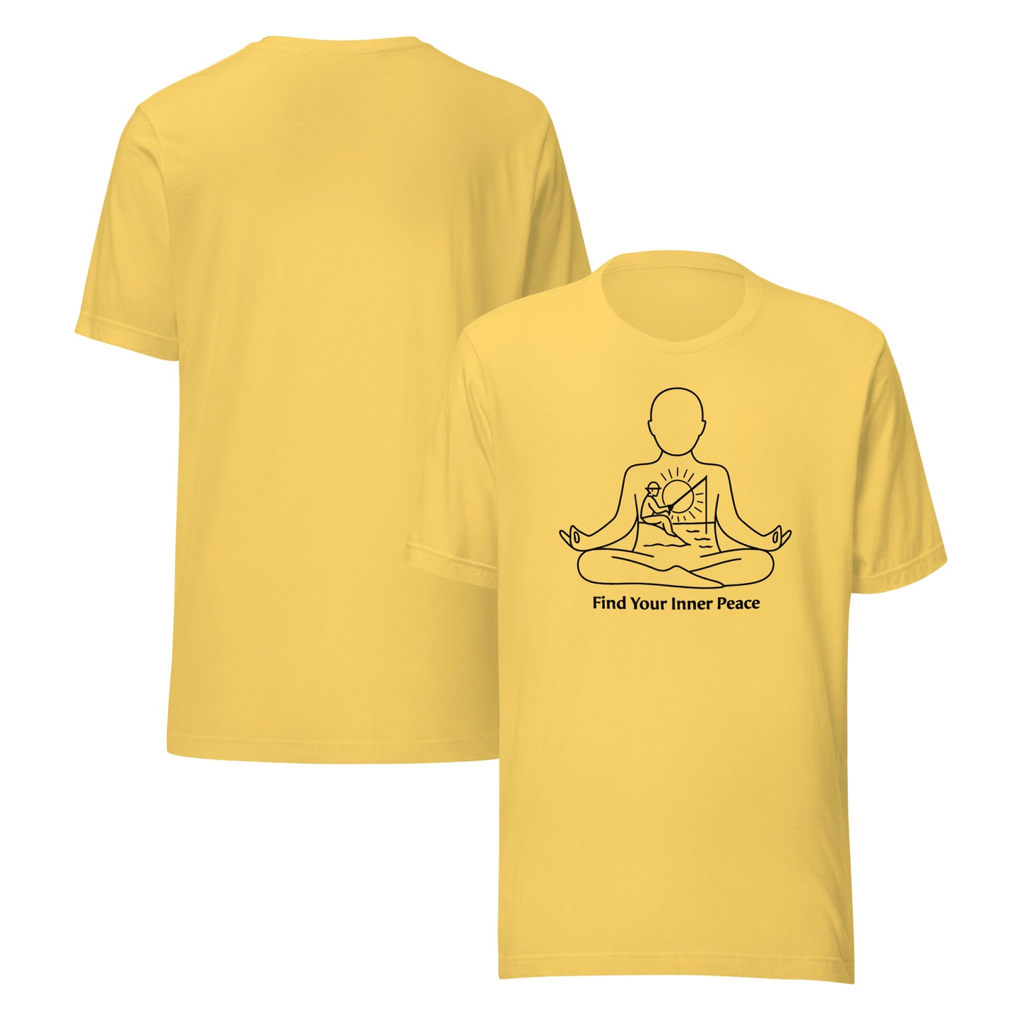 front and back of yellow Find Your Inner Peace Fishing Tee – Men’s Fishing Graphic Shirt