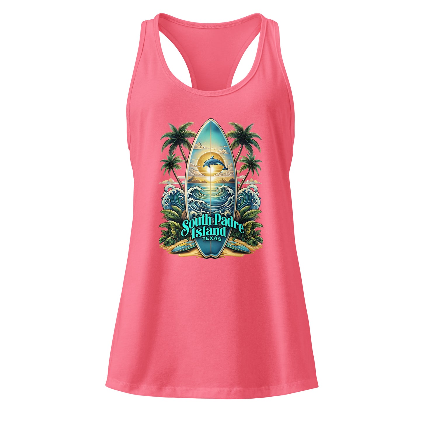 Pink tank top with a tropical design featuring palm trees and a dolphin, on a white background.