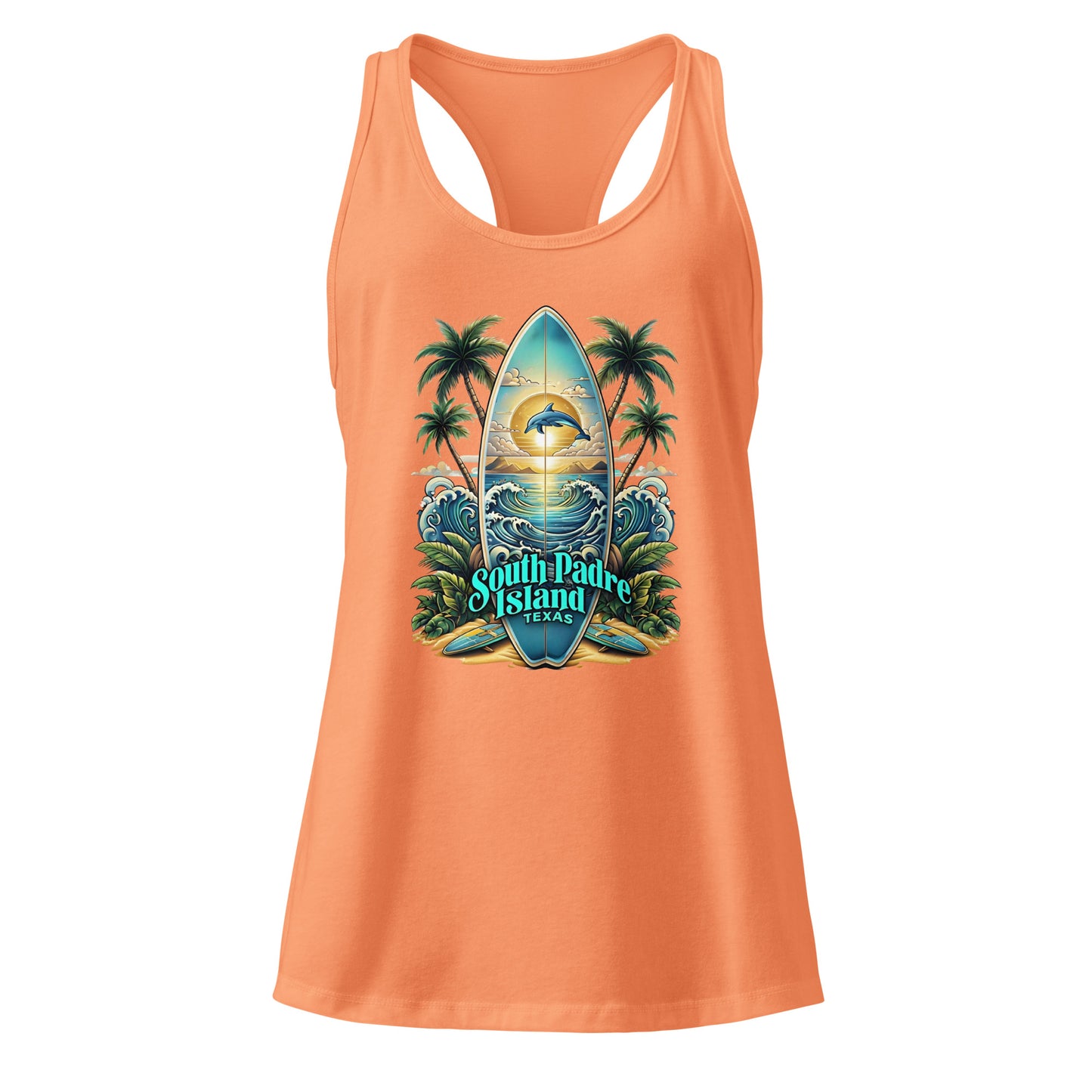 Orange tank top with a tropical design featuring palm trees and a surfboard on a white background