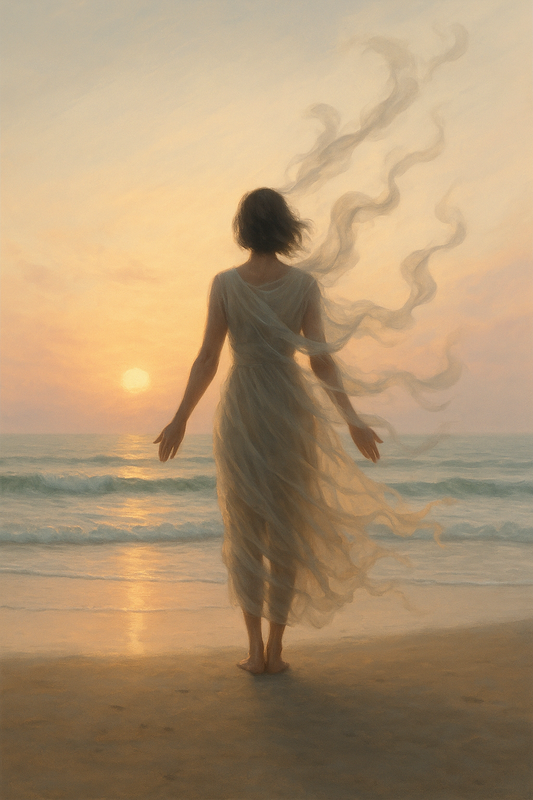 A woman stands peacefully on a beach at sunrise, her flowing garments dissolving in the wind, symbolizing the release of ego and the awakening of the soul.