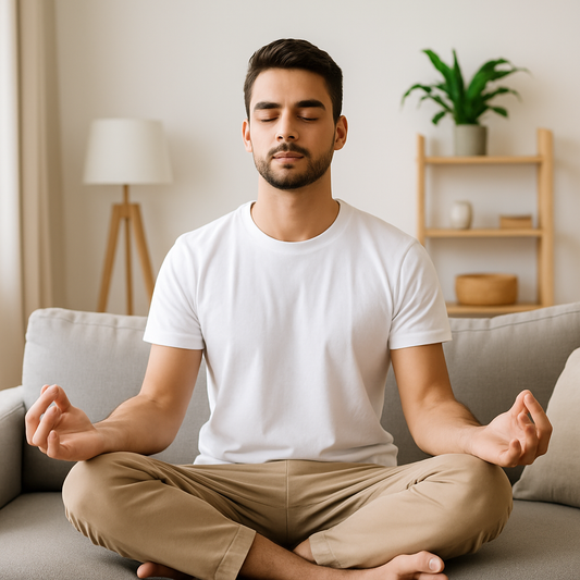 Young man meditating in lotus position on a modern sofa in a bright, minimalist living room with natural light and calming decor.