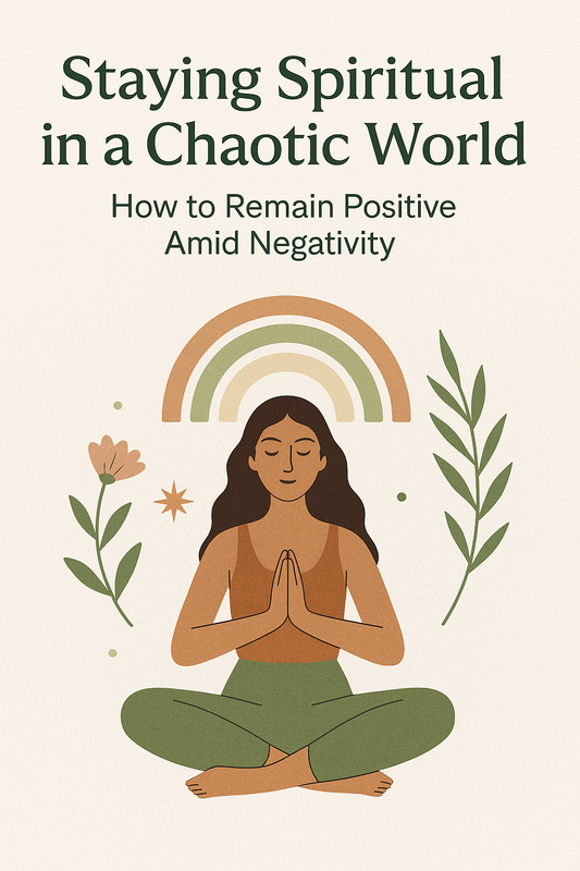 Woman meditating with rainbow and plants, promoting spiritual peace.