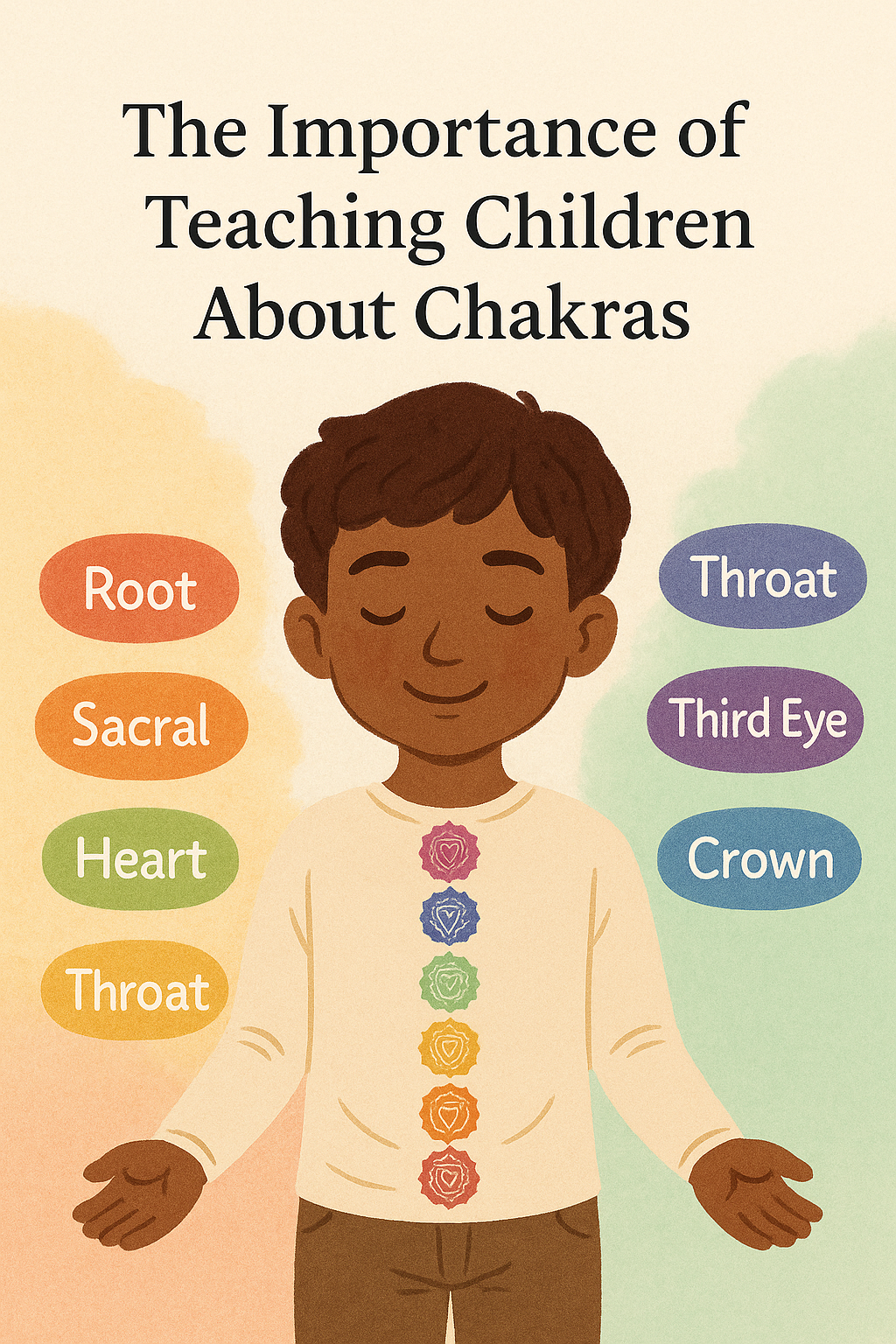Illustration of a young boy meditating peacefully with seven colorful chakras glowing along his body, surrounded by soft pastel chakra labels and a calming background — symbolizing mindfulness and emotional balance for children.