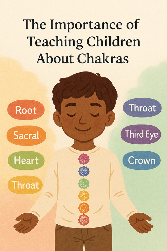 Illustration of a young boy meditating peacefully with seven colorful chakras glowing along his body, surrounded by soft pastel chakra labels and a calming background — symbolizing mindfulness and emotional balance for children.