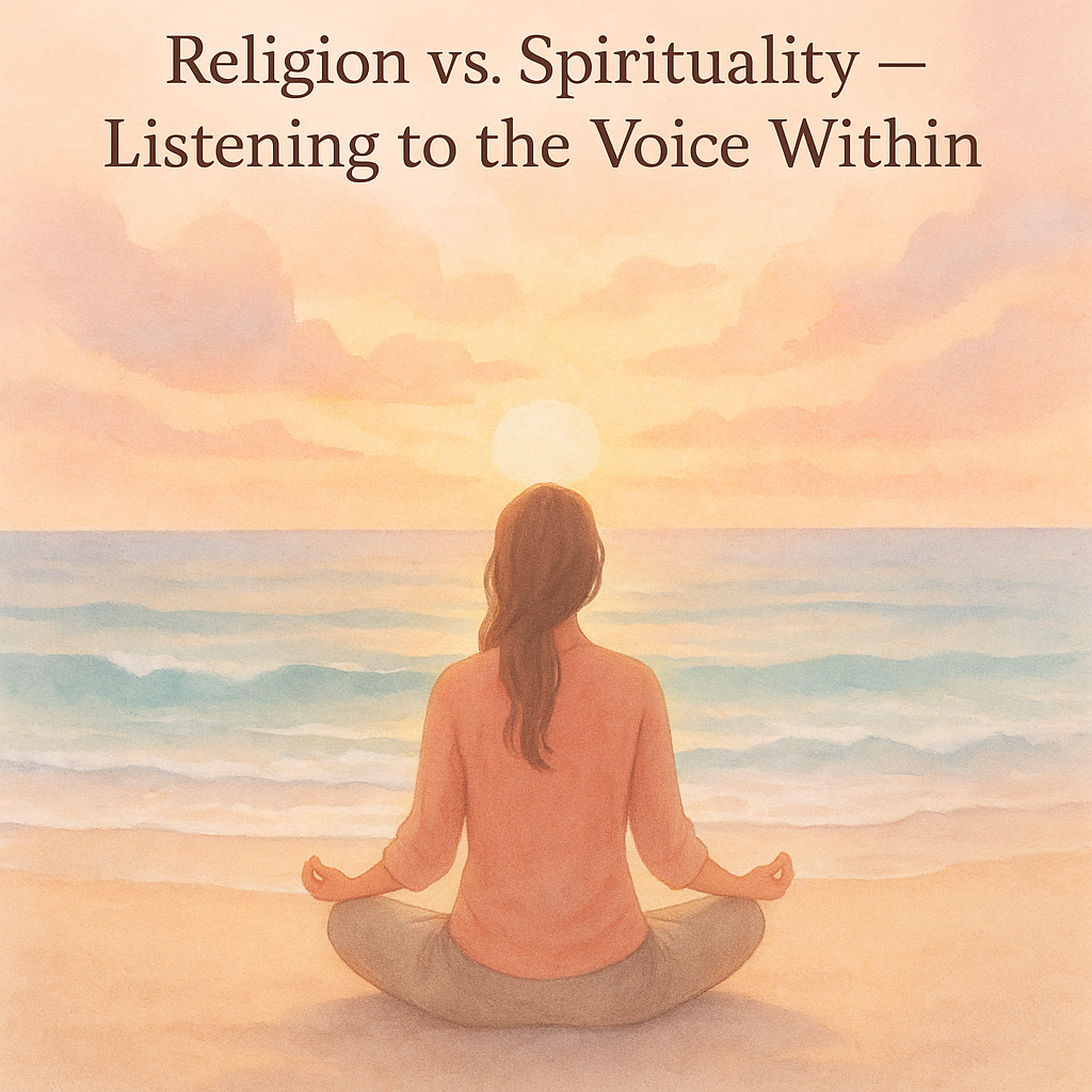 Woman meditating peacefully on a sandy beach at sunrise, surrounded by soft pastel light and calm ocean waves, symbolizing inner peace and spiritual connection.