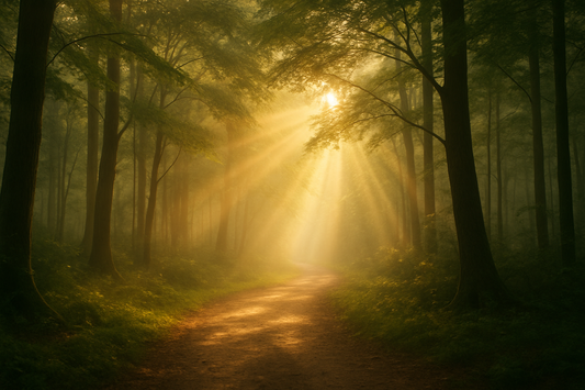Sunlit forest pathway with golden rays breaking through trees and soft mist, symbolizing spiritual awakening and mindfulness.