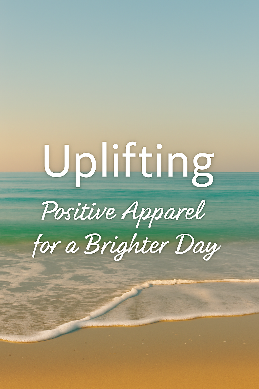 Uplifting apparel collection banner – positive message t-shirts with ocean waves and inspirational text