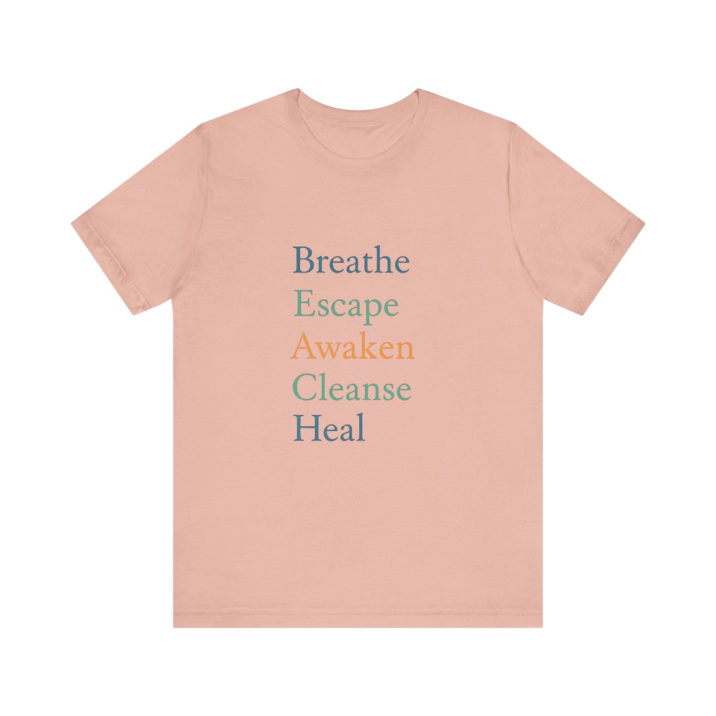  Peach-toned tee featuring BEACH acronym in warm, calming hues

