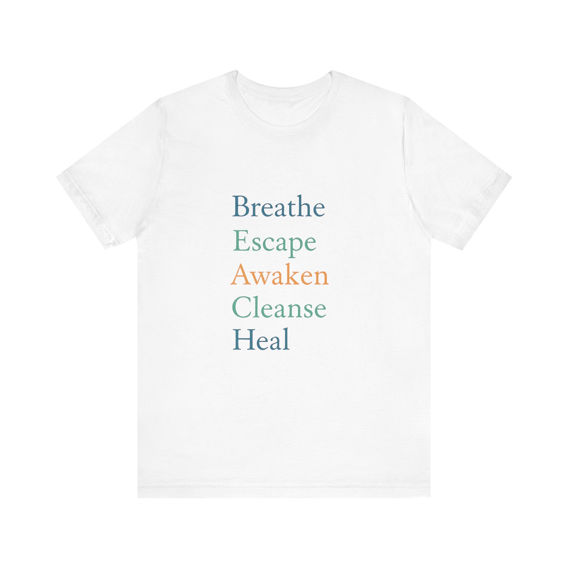 White unisex tee with minimalist BEACH acronym in soft pastel text