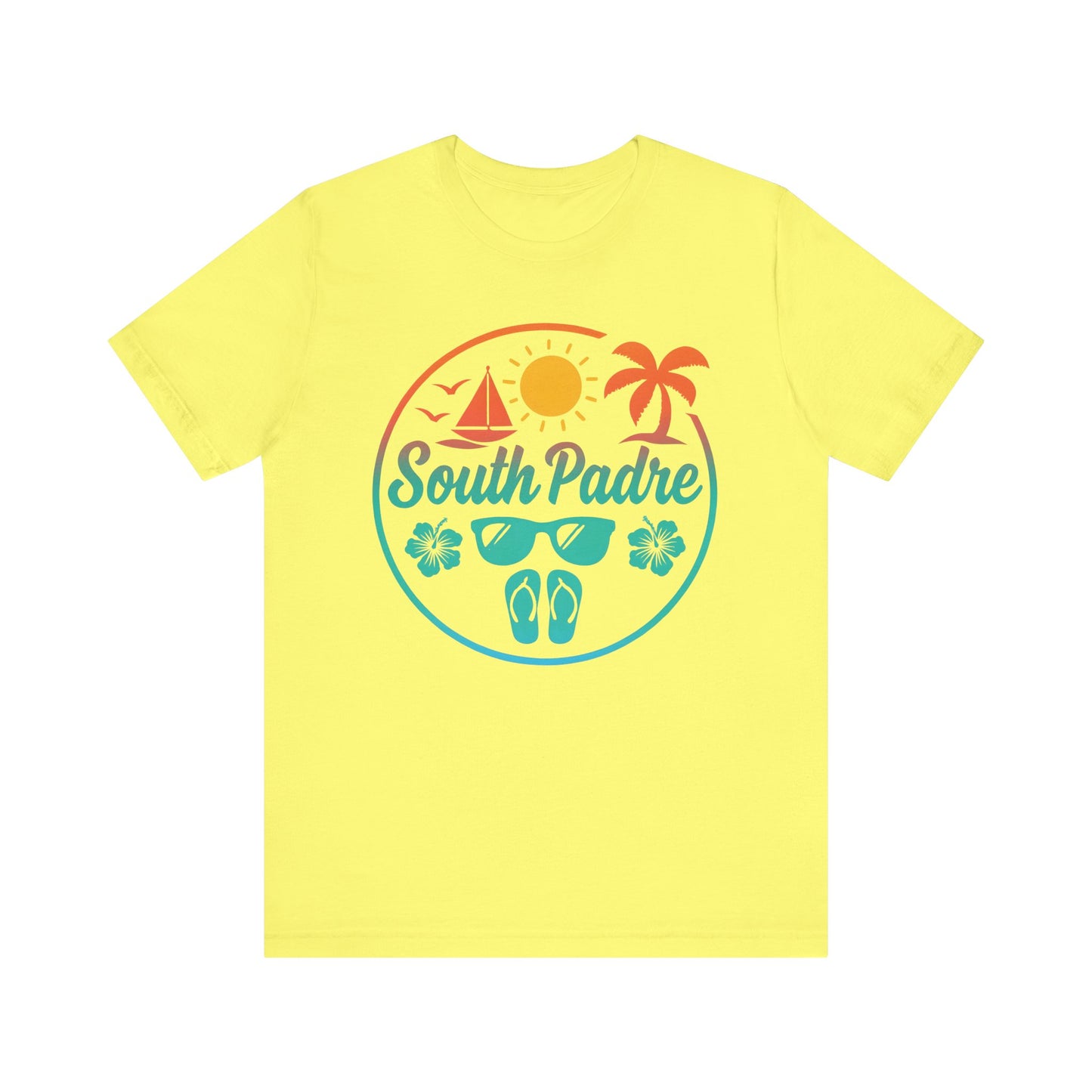 yellow unisex tee with South Padre Beach Vibes summer design