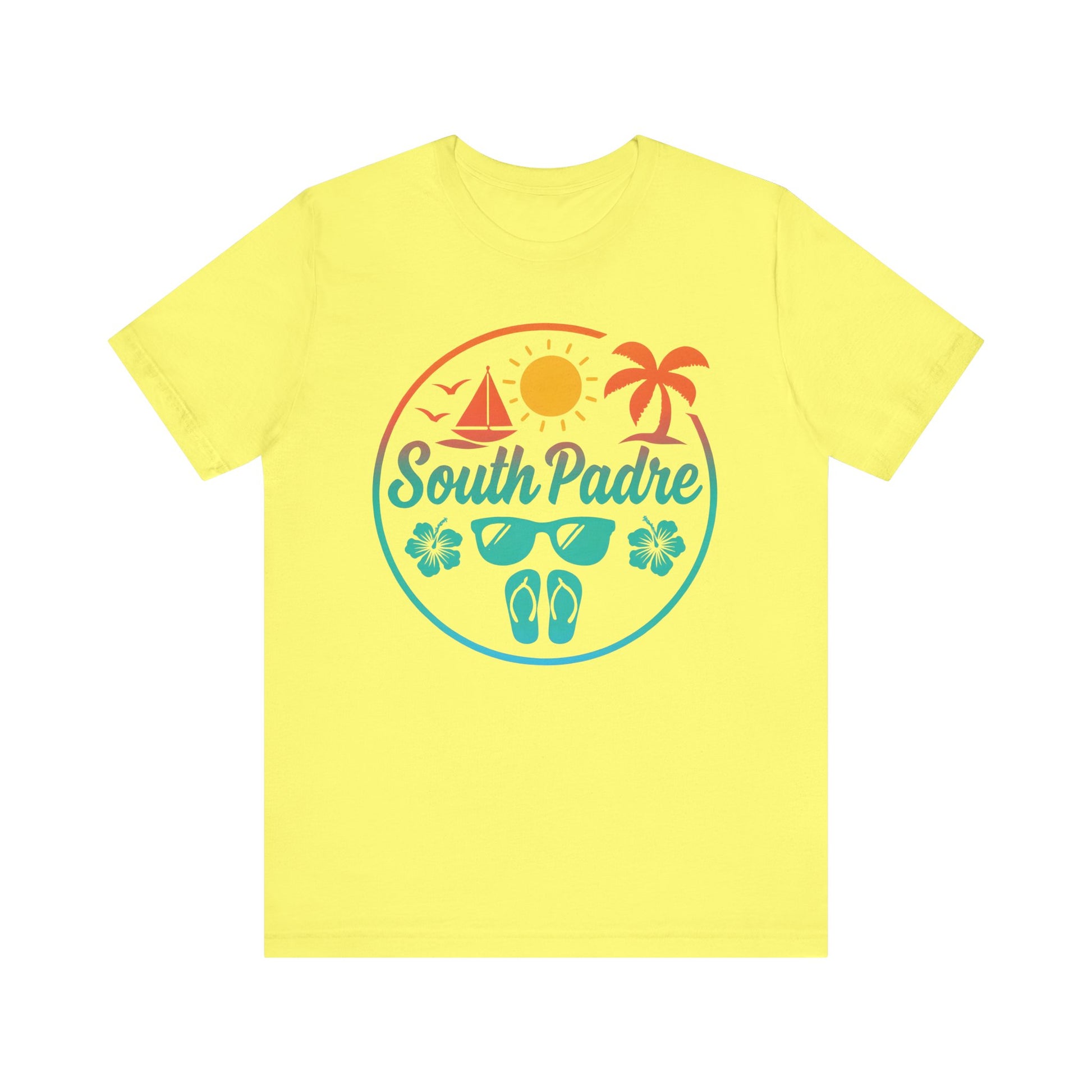 yellow unisex tee with South Padre Beach Vibes summer design