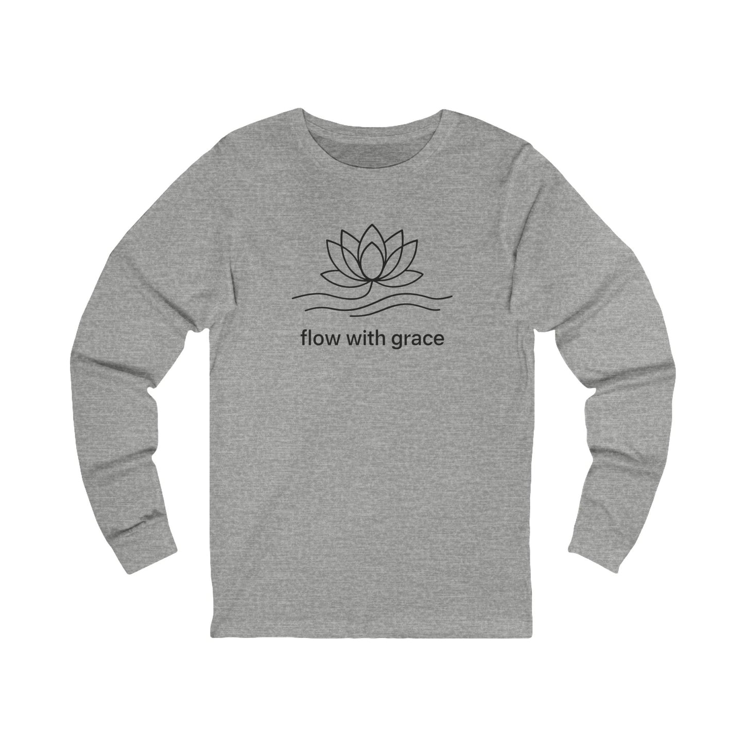 Gray long-sleeve shirt with a lotus flower design and 'flow with grace' text on a white background