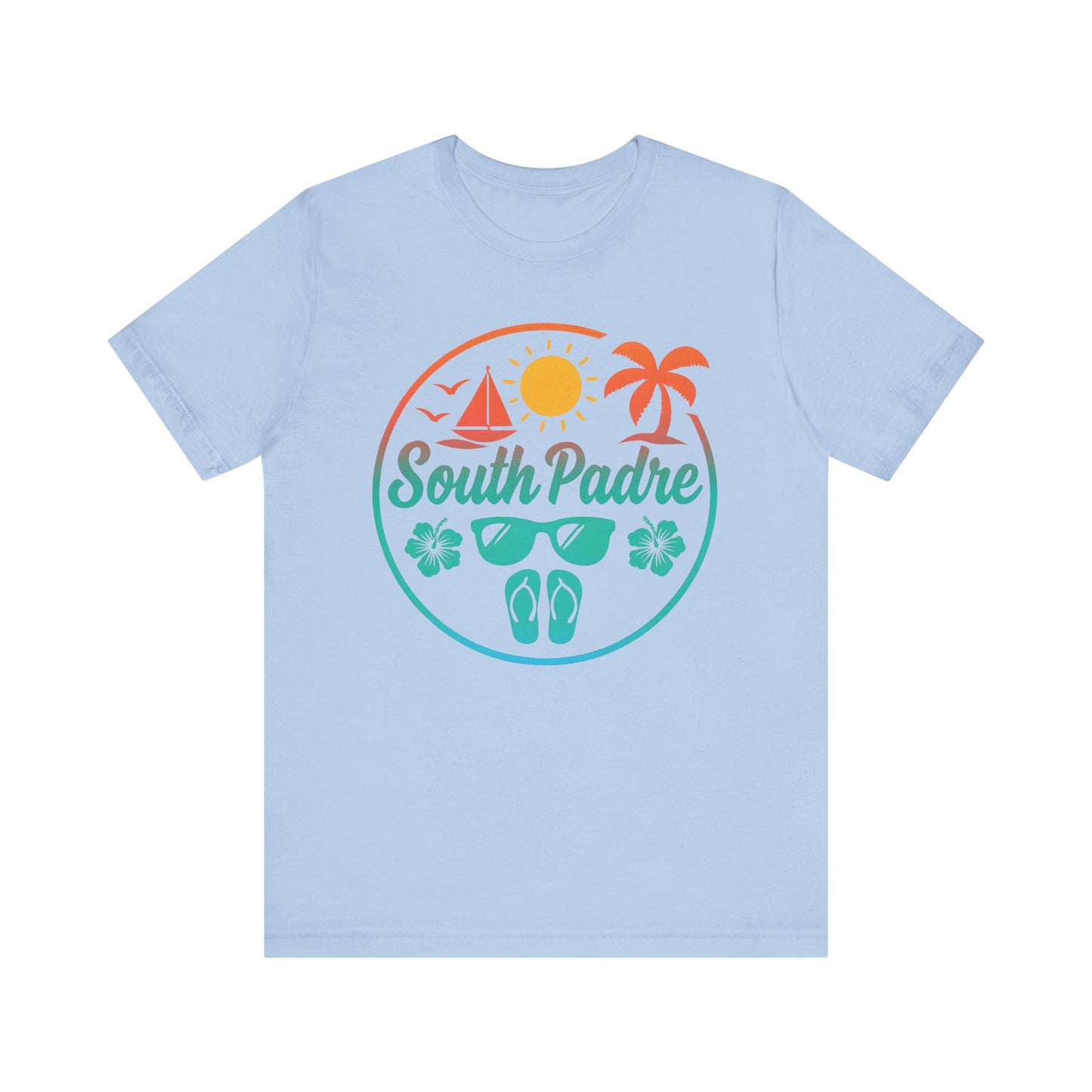 Soft baby blue tee featuring coastal South Padre Beach Vibes graphic