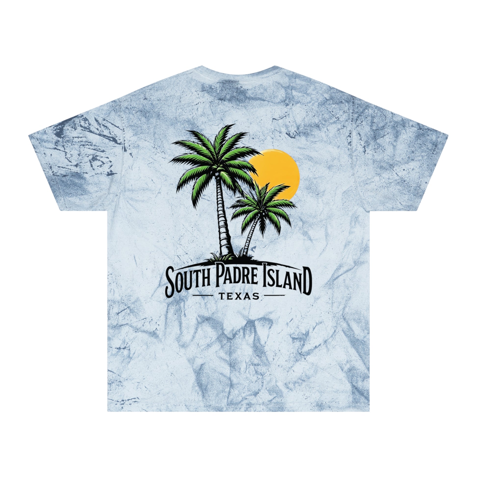 back of blue South Padre Island Unisex T-Shirt – Color Blast Design for Beach Lovers