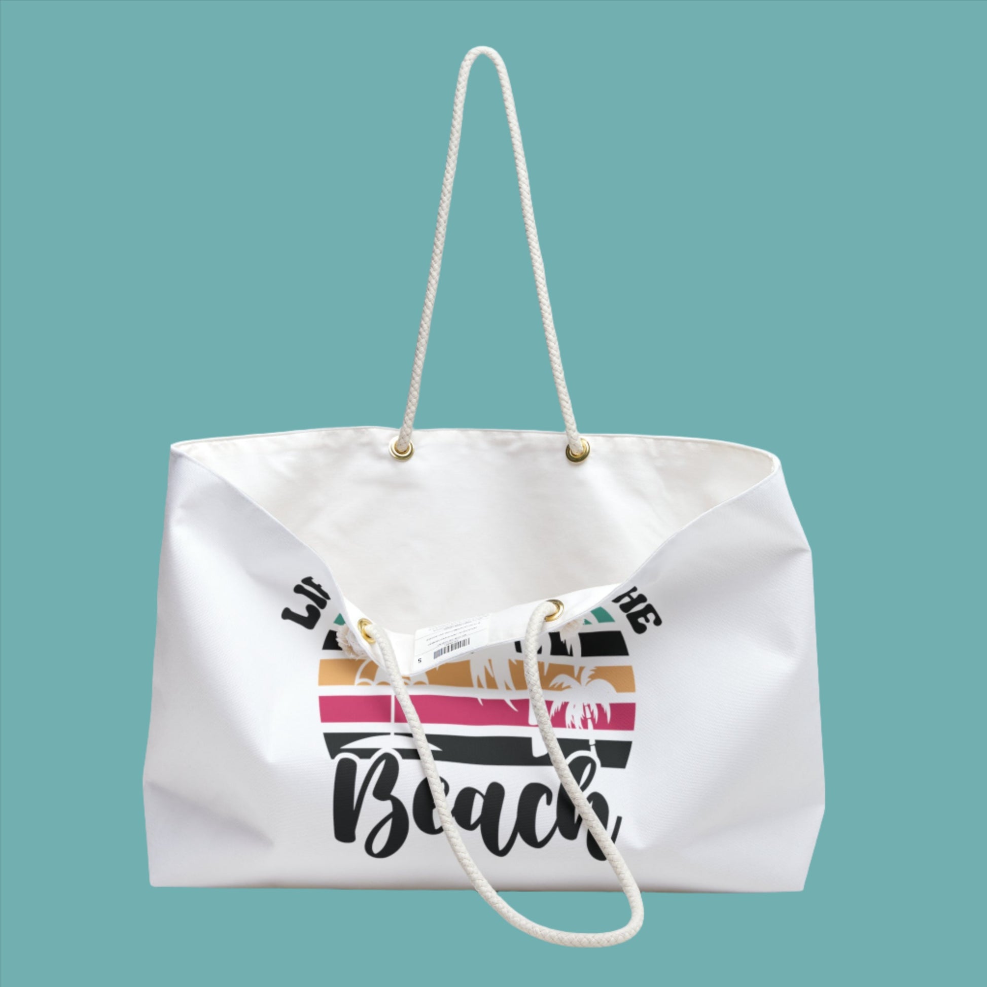 white bag withLife Is Better at the Beach Polyester Weekender Bag  design open