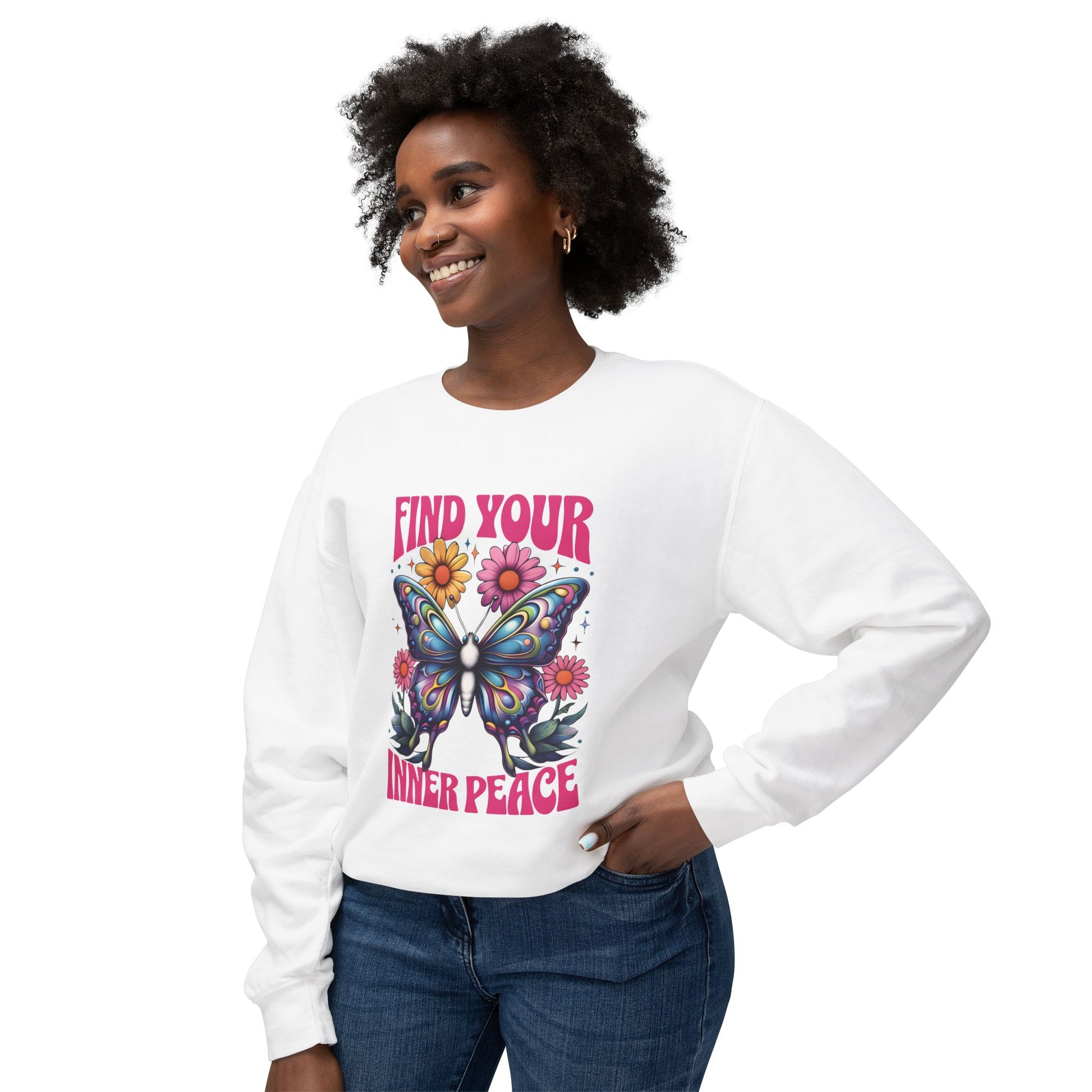 woman wearing white Find Your Inner Peace Unisex Sweatshirt – Spiritual & Mindful Comfort