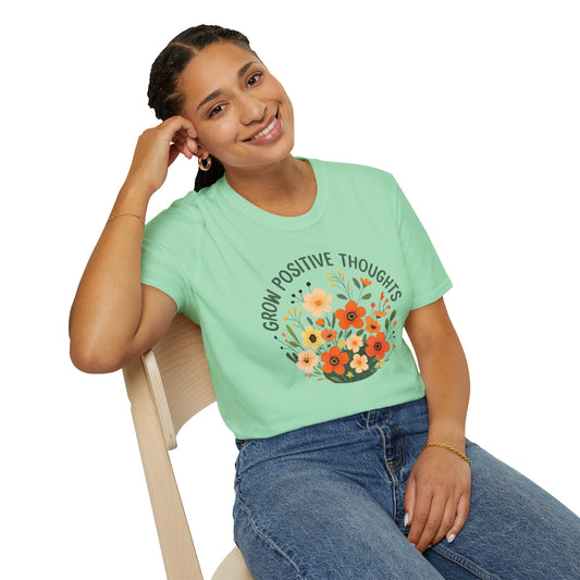 woman wearing green Grow Positive Thoughts Unisex T-Shirt | Mindful Vibes