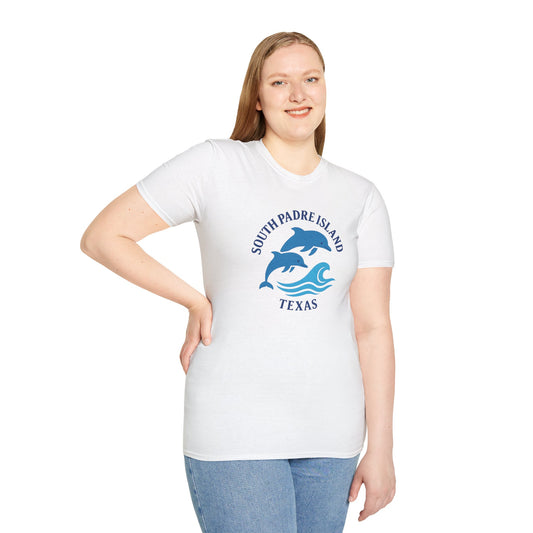 woman wearing white South Padre Island Dolphins T-Shirt – Beach & Ocean Vibes