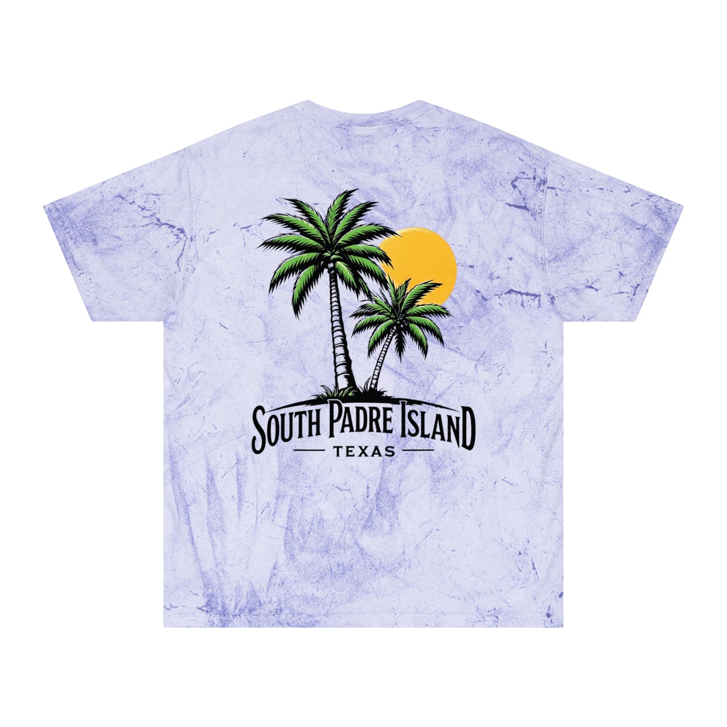 back of purple South Padre Island Unisex T-Shirt – Color Blast Design for Beach Lovers