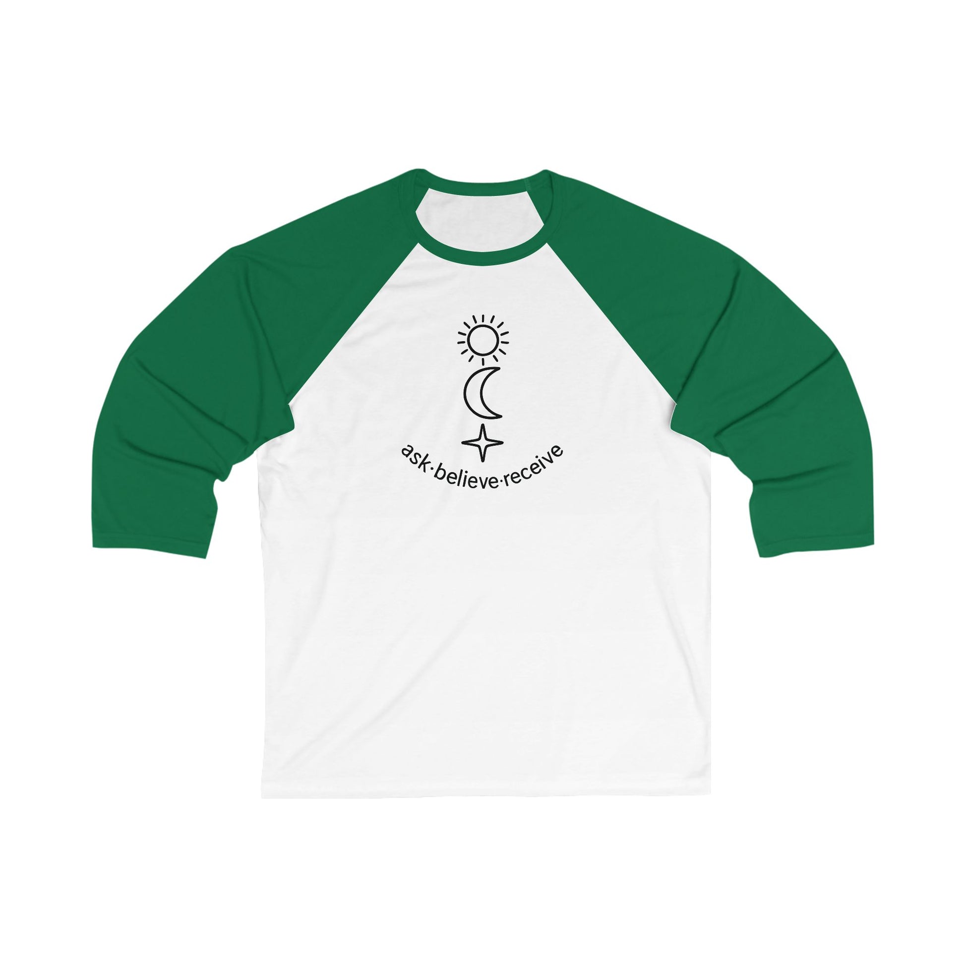 green and white Ask Believe Receive – Unisex 3/4 Sleeve Baseball Tee