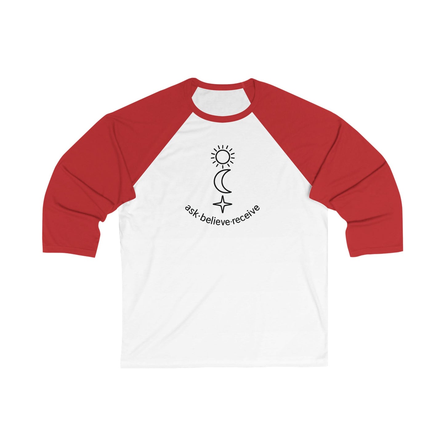 red and white Ask Believe Receive – Unisex 3/4 Sleeve Baseball Tee