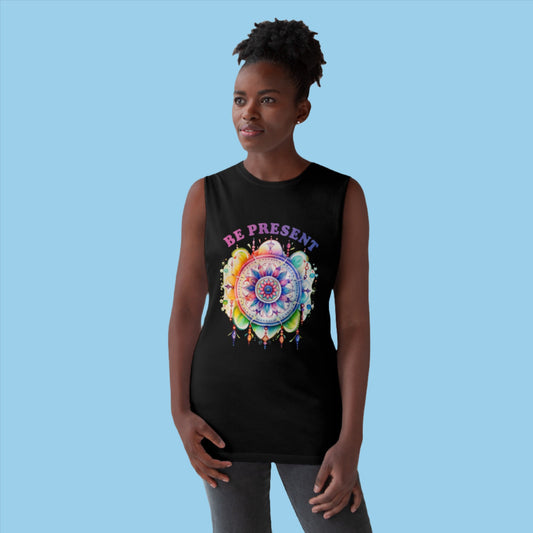 Woman wearing Be Present Unisex Barnard Tank