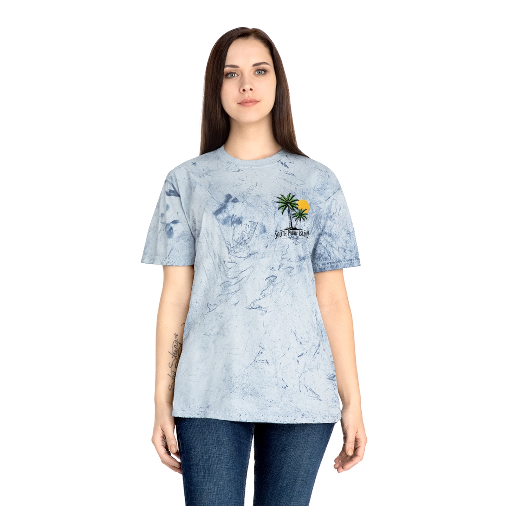 woman wearing blue South Padre Island Unisex T-Shirt – Color Blast Design for Beach Lovers