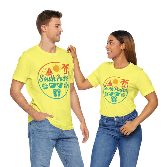 couple wearing yellow unisex tee with South Padre Beach Vibes summer design