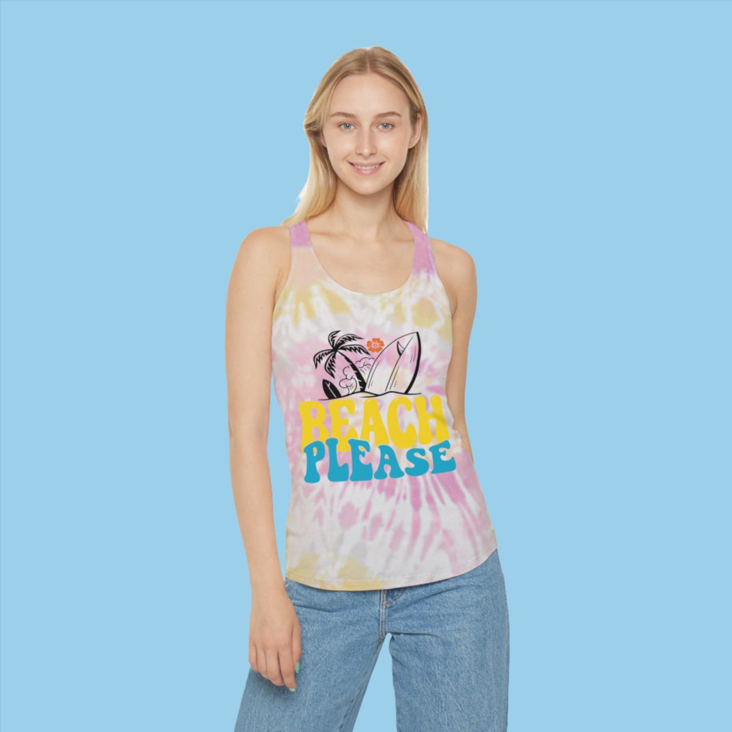 Woman wearing Beach Please  pink Tie Dye Racerback Tank Top