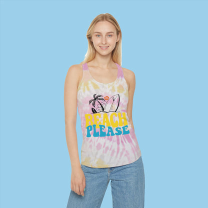 Woman wearing Beach Please  pink Tie Dye Racerback Tank Top