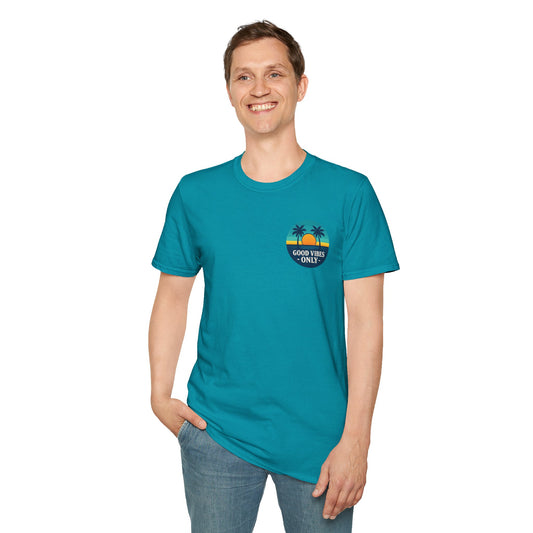 Man wearing blue Good Vibes Only Tee – Positive Energy Graphic T-Shirt