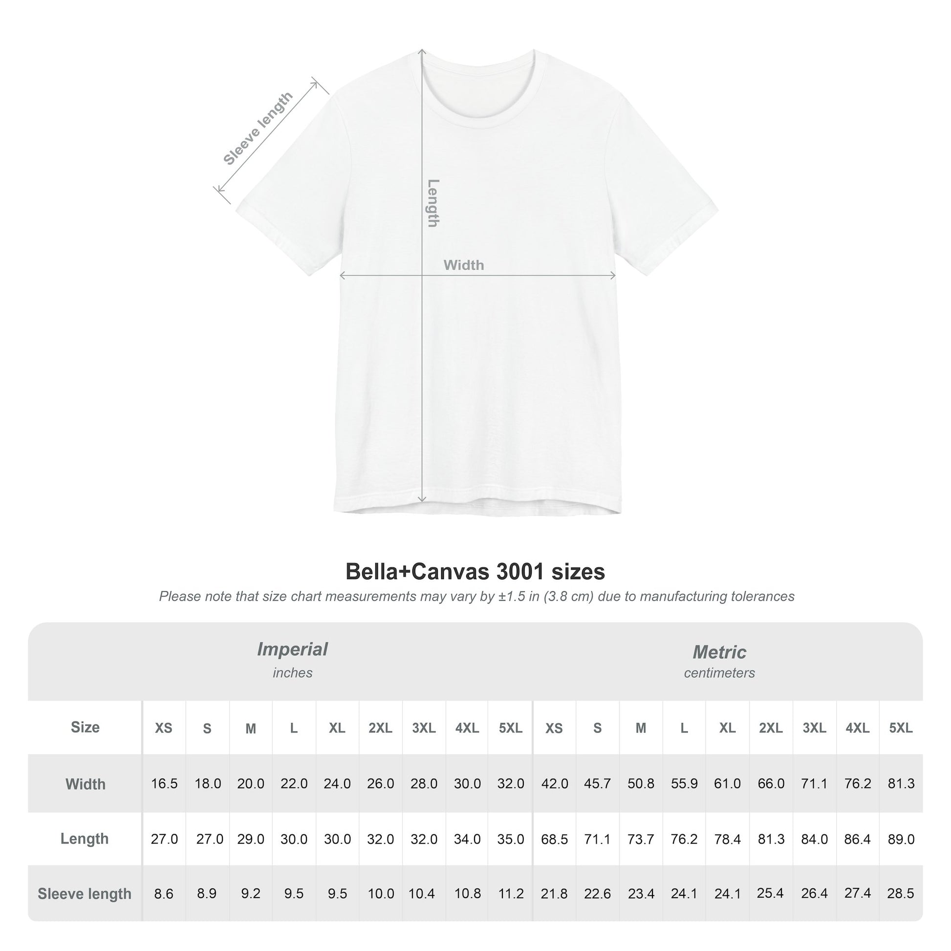 bella Canvas 3001 size chart