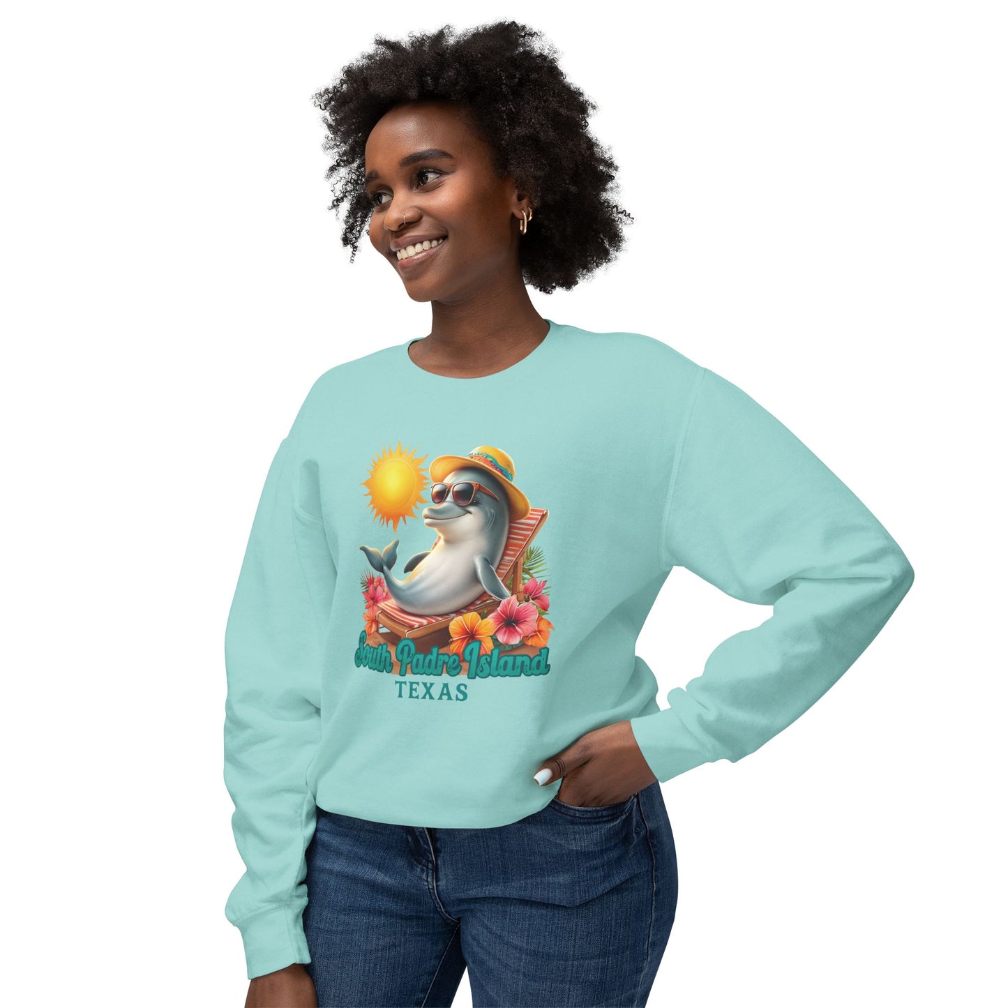 woman wearing green South Padre Island, TX Dolphin Sweatshirt – Unisex Lightweight Crewneck