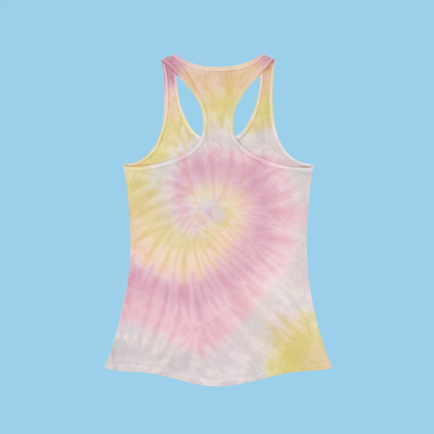 Back of Pink and yellow Beach Please Tie Dye Racerback Tank Top