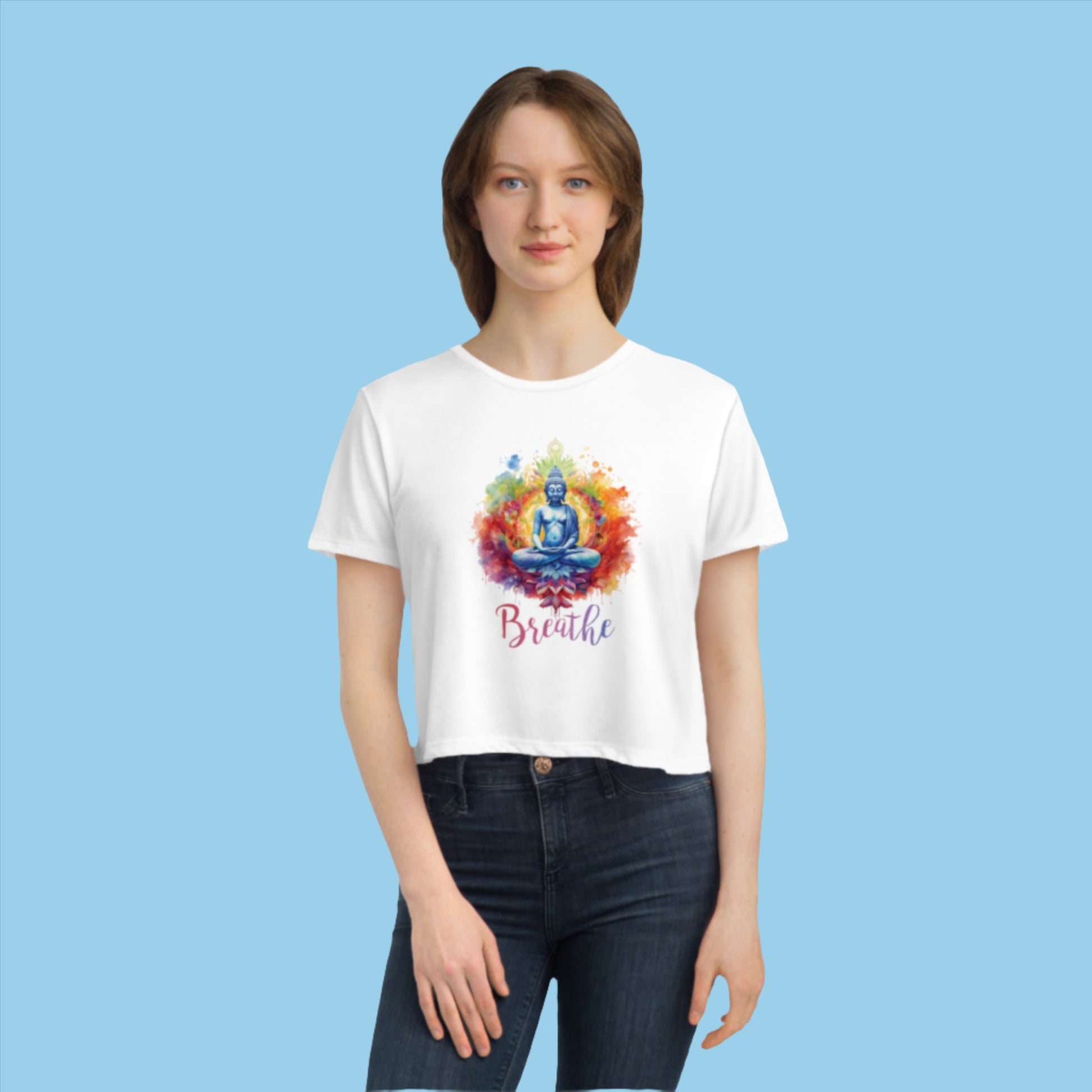 woman wearing white Breathe Buddah Women's Flowy Cropped Tee