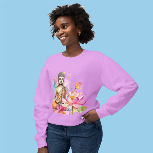 Woman wearing violet Buddah yogo sweatshirt