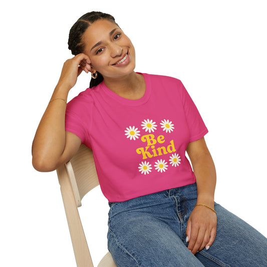 woman wearing pink Be Kind Daisy T-Shirt – Positive Vibes Graphic Tee