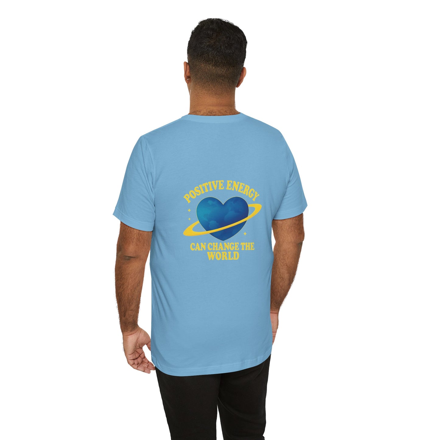 Back of man wearing Positive Energy Heart Tee | Unisex Jersey T-Shirt