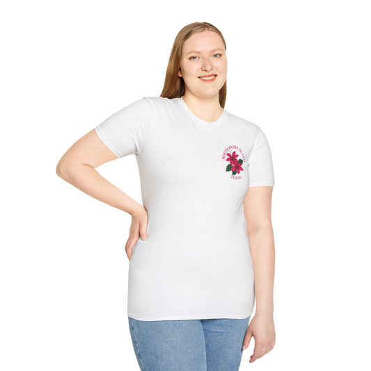 front of woman wearing white South Padre Island Floral T-Shirt | Beach Vibes
