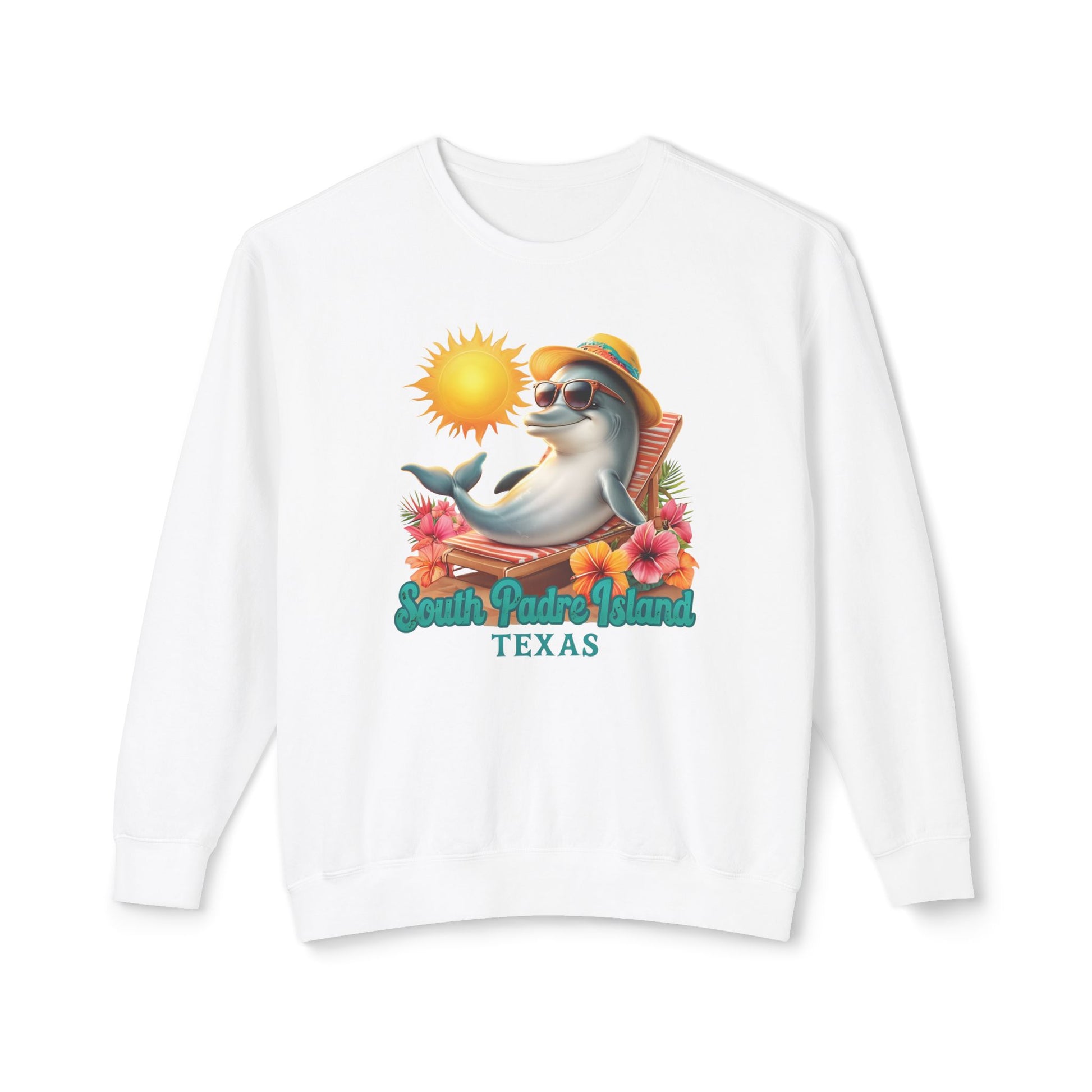 white South Padre Island, TX Dolphin Sweatshirt – Unisex Lightweight Crewneck
