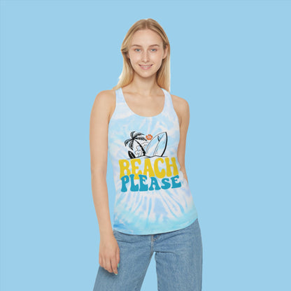 Woman wearing blue Beach Please Tie Dye Racerback Tank Top