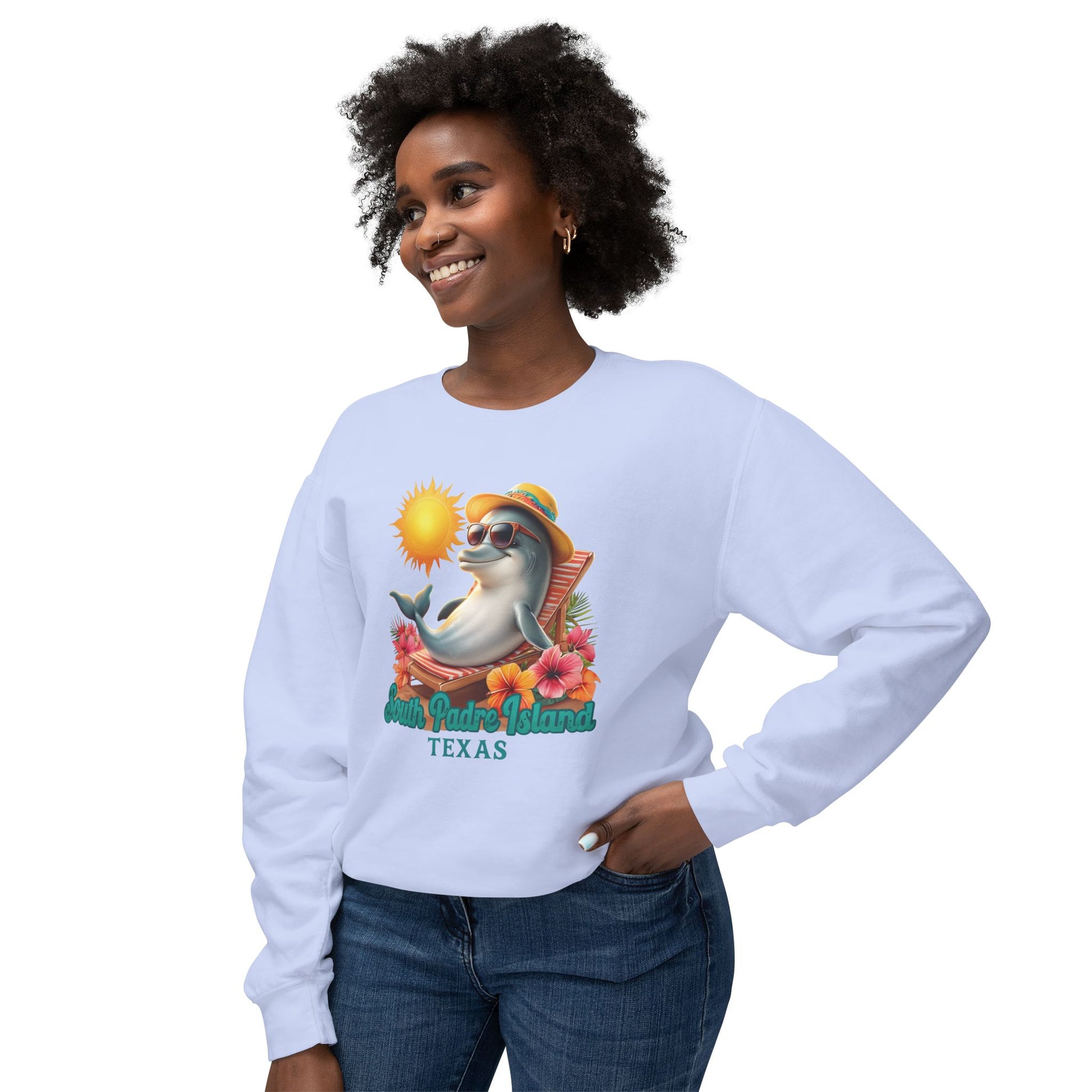 woman wearing Hydrangea  South Padre Island, TX Dolphin Sweatshirt – Unisex Lightweight Crewneck