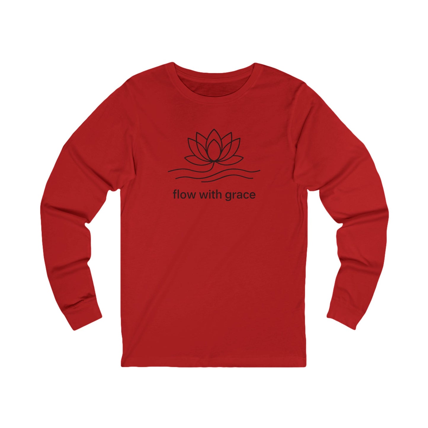 Red long-sleeve shirt with a black lotus flower design and 'flow with grace' text on a white background
