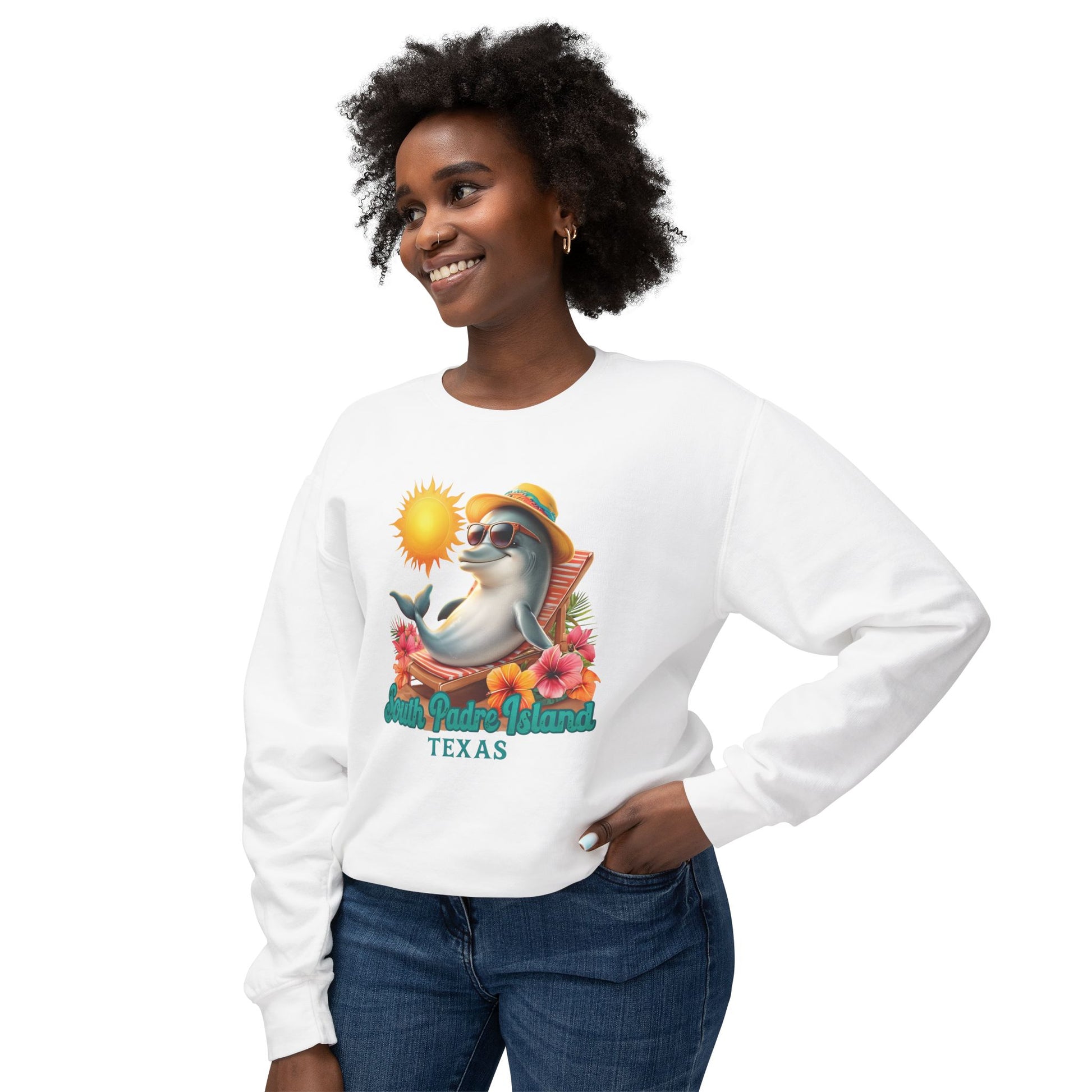 woman wearing white South Padre Island, TX Dolphin Sweatshirt – Unisex Lightweight Crewneck