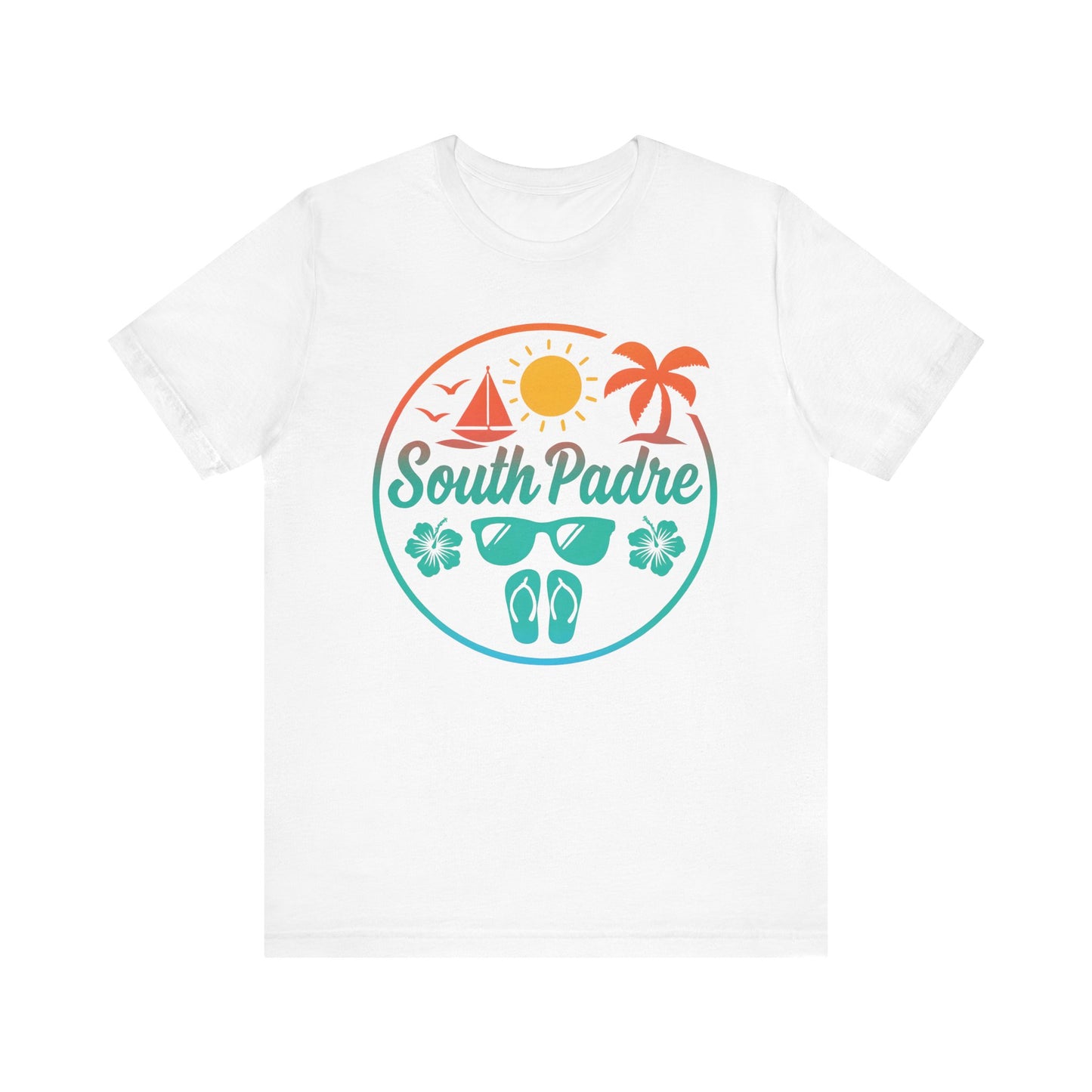 Classic white tee with South Padre Beach Vibes lettering in summery tones