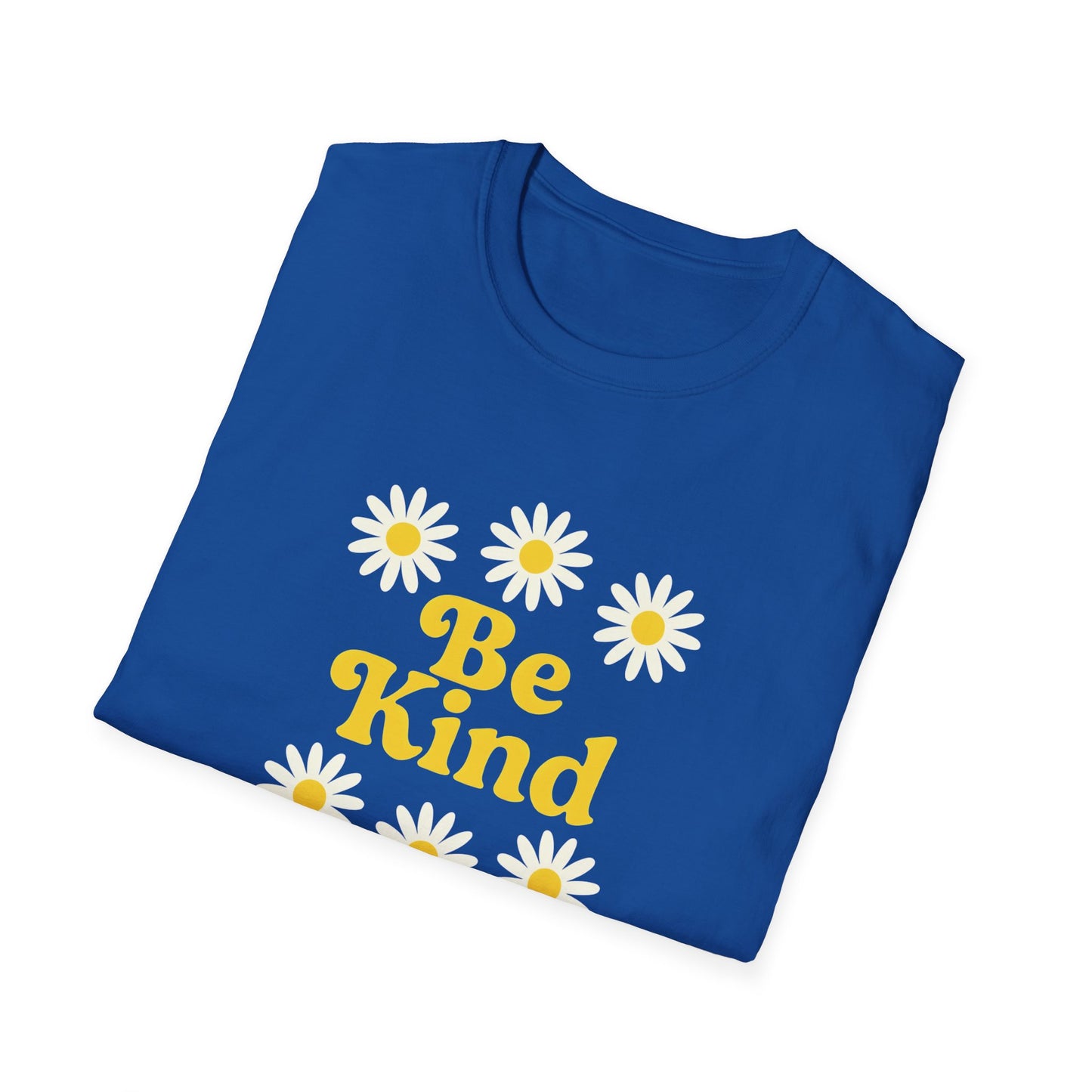 Folded blue t-shirt with 'Be Kind' and daisy flowers on a white background