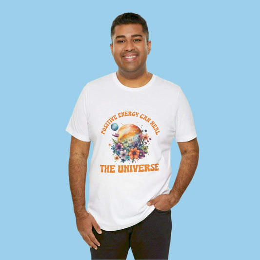 Man Wearing White Positive Energy Can Heal The Universe Adult Unisex Tee