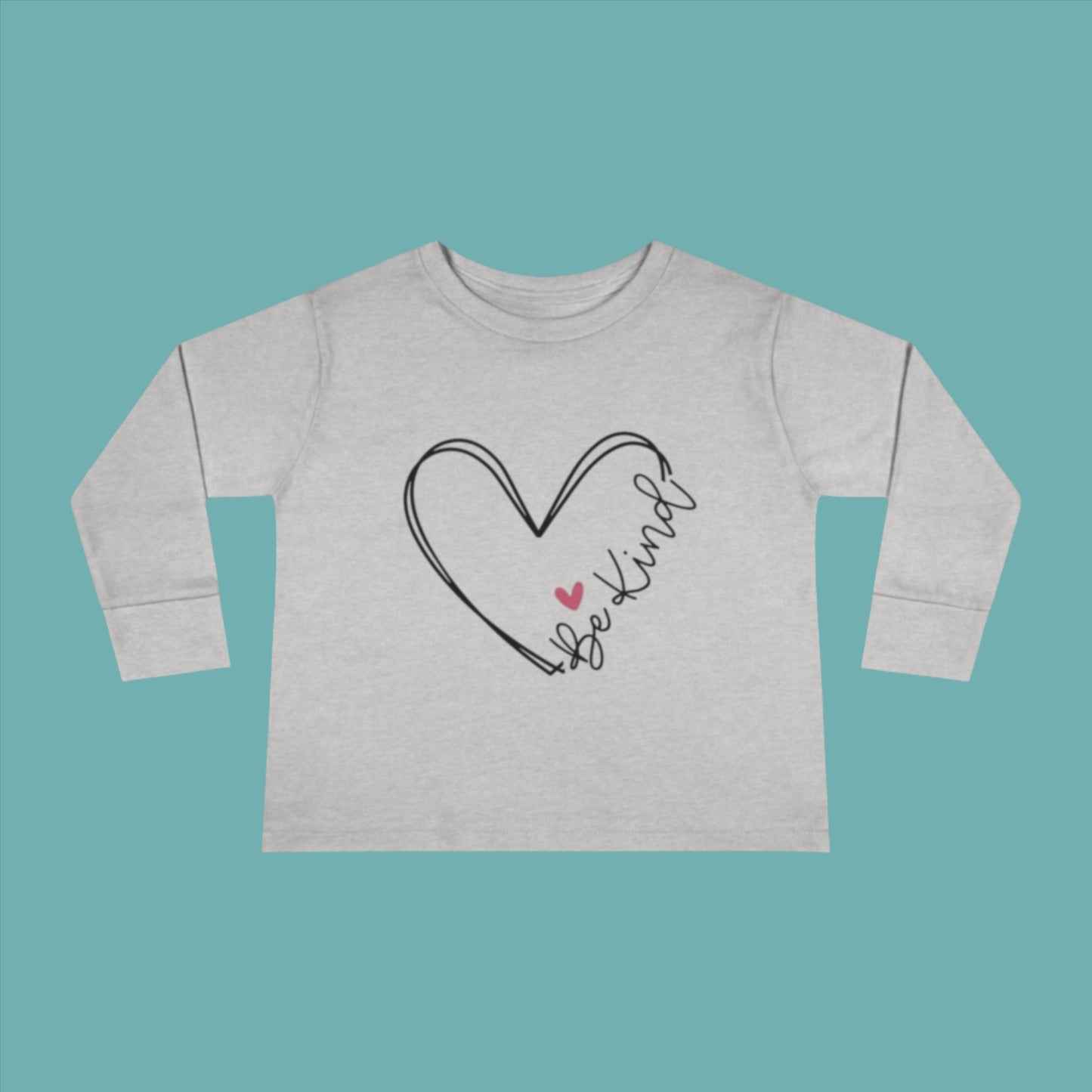 grey long sleeve toddler shirt with Be Kind heart pattern