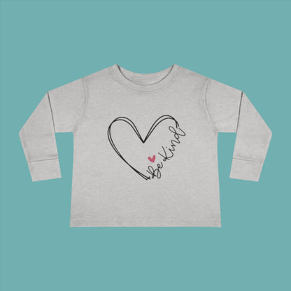 grey long sleeve toddler shirt with Be Kind heart pattern