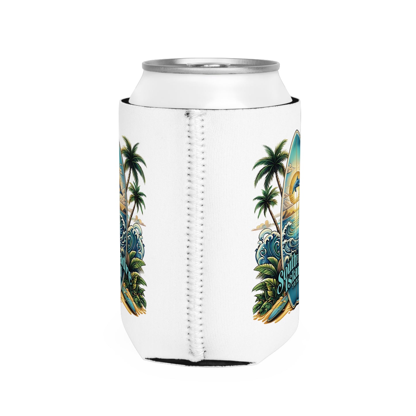 South Padre Island Surfing Can Cooler Sleeve Side View